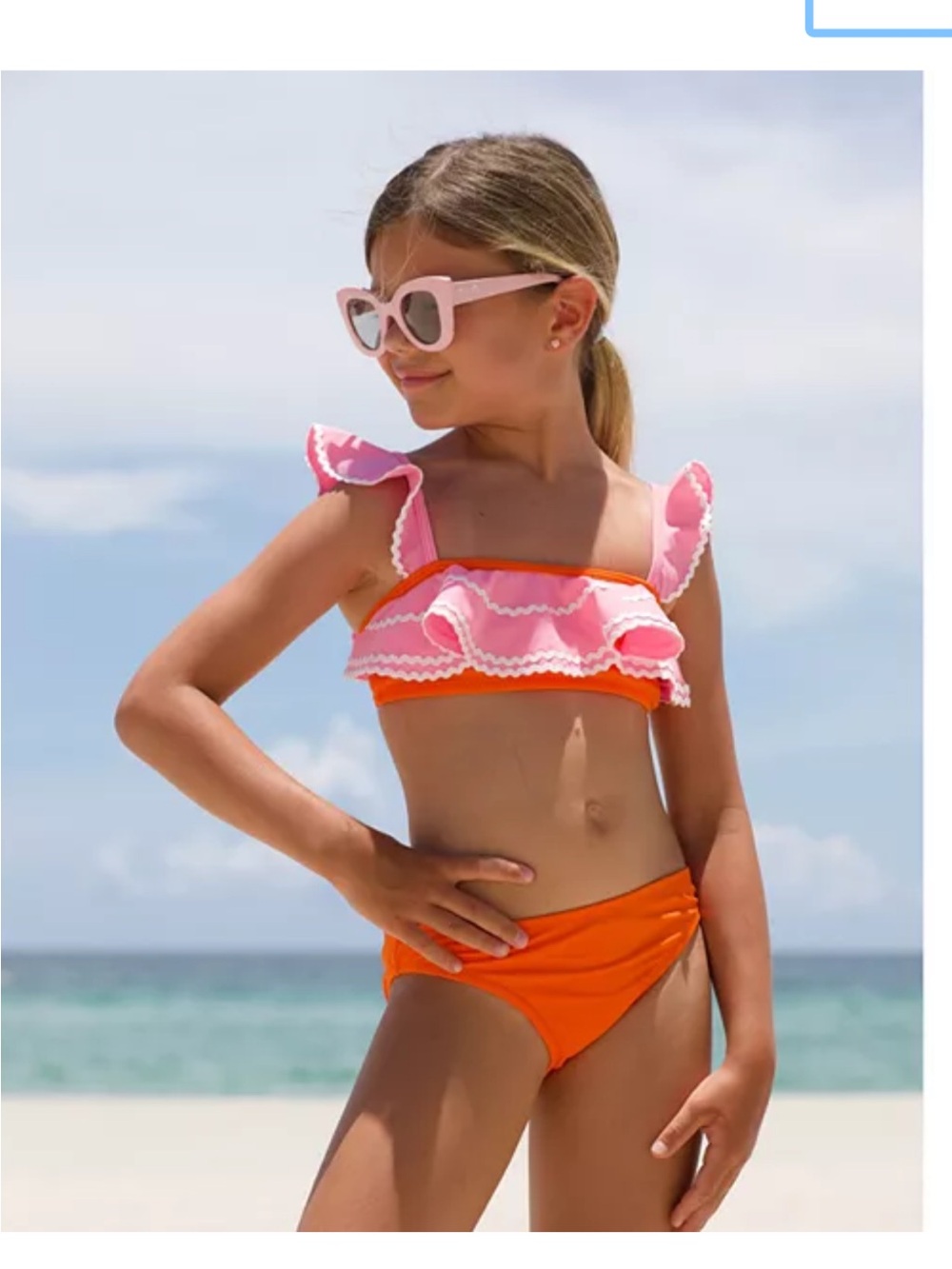 Girls Pink Ruffle Bikini Top with Orange Bottoms - Cute Swim Set